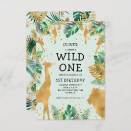 Invitación Salvaje Una Selva Safari Oro Verde Primer cumpleañ
