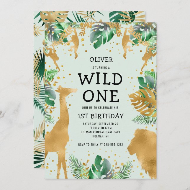 Invitación Salvaje Una Selva Safari Oro Verde Primer cumpleañ (Anverso / Reverso)