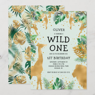 Invitación Salvaje Una Selva Safari Oro Verde Primer cumpleañ