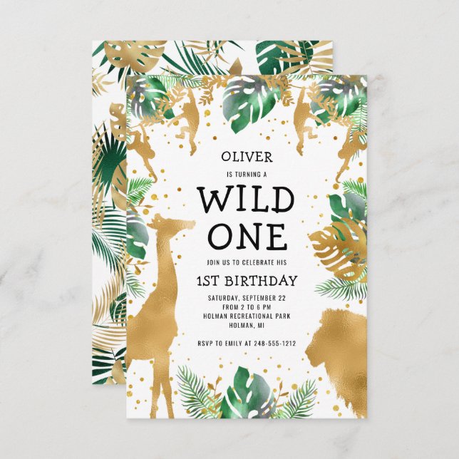Invitación Salvaje Una Selva Safari Oro Verde Primer cumpleañ (Anverso / Reverso)