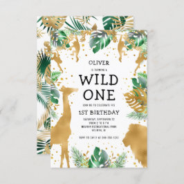 Invitación Salvaje Una Selva Safari Oro Verde Primer cumpleañ