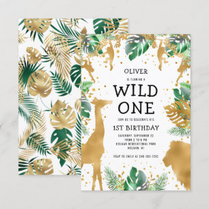 Invitación Salvaje Una Selva Safari Oro Verde Primer cumpleañ