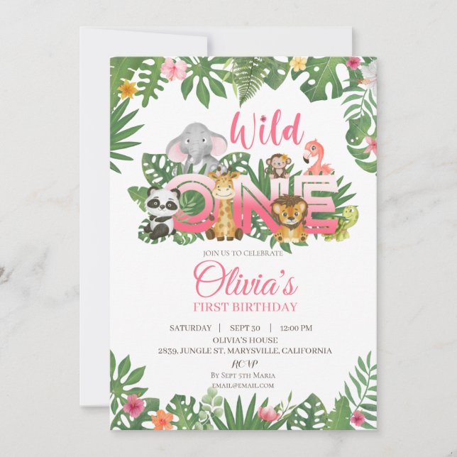Invitación Salvaje Una Selva Safari Primera Niña Nacida (Anverso)