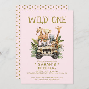 Invitación Salvaje Una Selva Safari Rosa Primer Cumpleaños