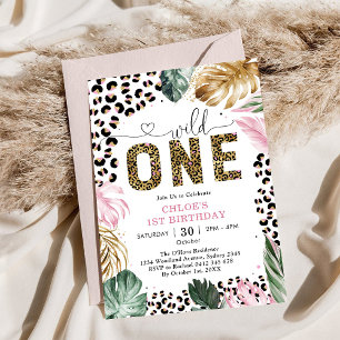 Invitación Salvaje Uno Animales de Fiesta Leopardo Rosa Cumpl