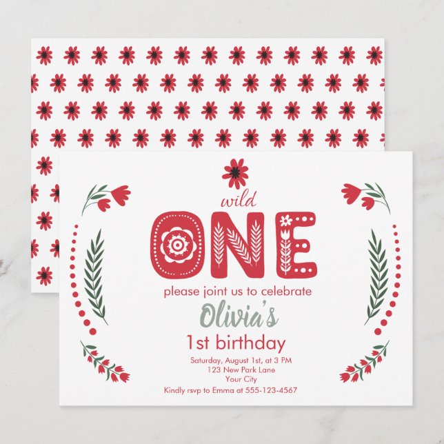 Invitación Salvaje Uno - Cumpleaños número 1 con arte popular (Anverso / Reverso)