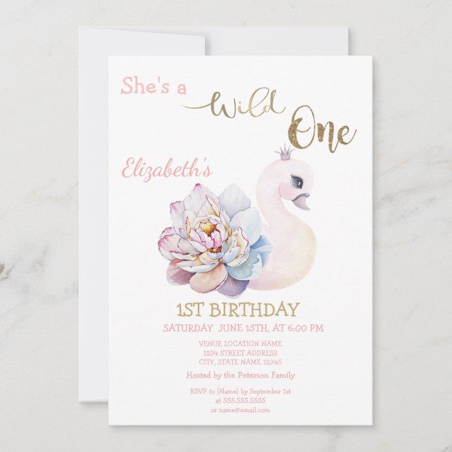 Invitación Salvaje uno, flechas, cisne floral primer cumpleañ (Anverso)