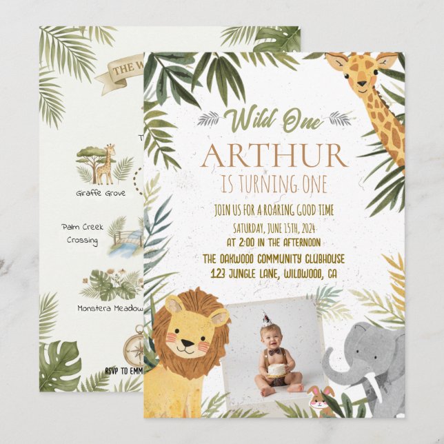 Invitación Salvaje Uno - Foto del primer cumpleaños (Anverso / Reverso)