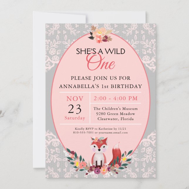 Invitación Salvaje UNO Fox Flowers & Lace Cumpleaños (Anverso)