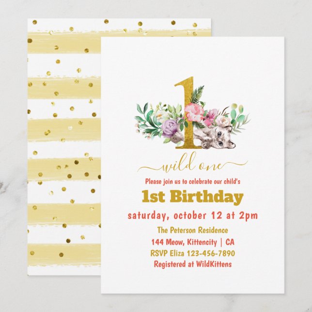 Invitación Salvaje Uno - Gatito y Flores 1er Cumpleaños (Anverso / Reverso)