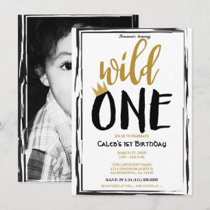 Invitación Salvaje Uno Negro + Foto Dorada 1 Cumpleaños