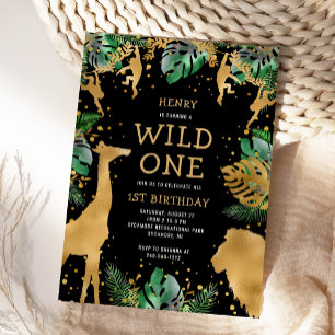 Invitación Salvaje Uno Safari 1er Cumpleaños Negro Verde Dora