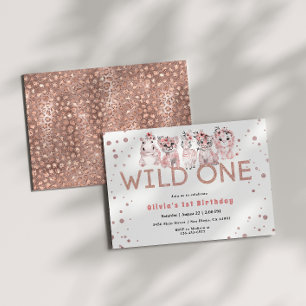 Invitación Salvaje Uno Safari Animal Rosa Dorado Cumpleaños 1