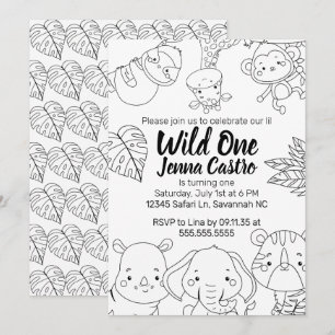 Invitación Salvaje Uno Safari Cumpleaños para Colorear