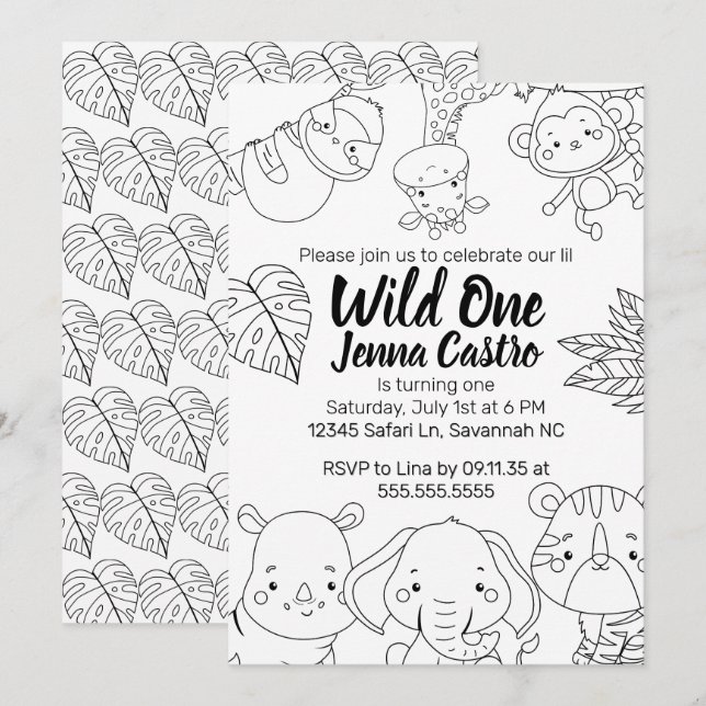 Invitación Salvaje Uno Safari Cumpleaños para Colorear (Anverso / Reverso)