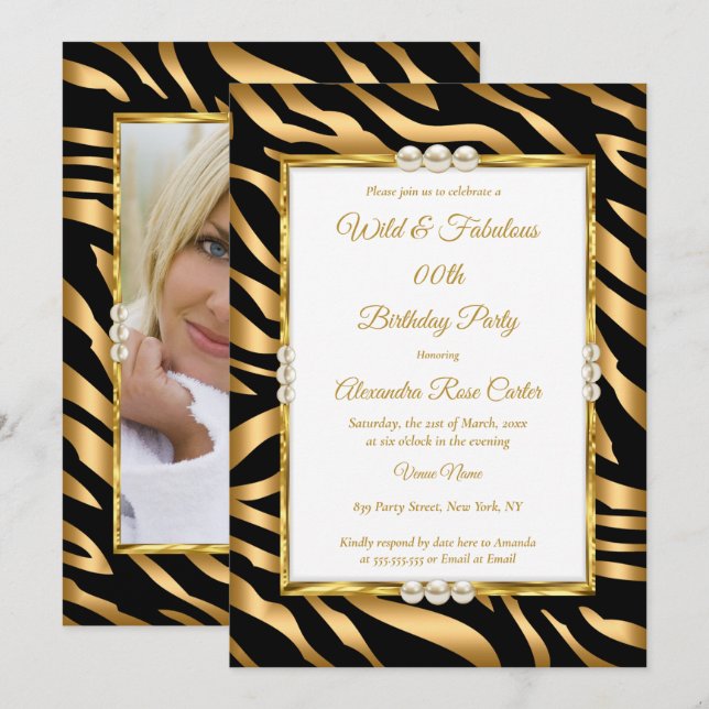 Invitación Salvaje y fabuloso Gold Black Zebra Photo Birthday (Anverso / Reverso)