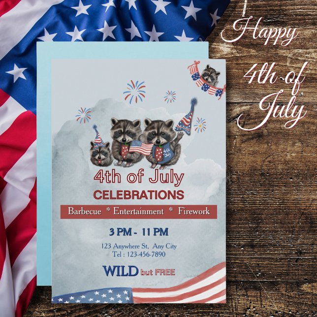 Invitación Salvaje y libre 4 de julio Fiesta Raccoon (Wild and Free 4th of July Raccoon Party Invitation)