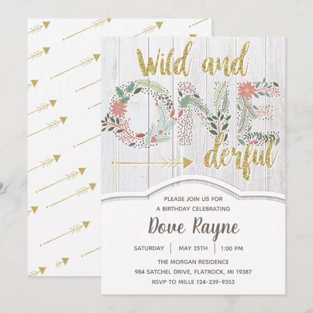 Invitación Salvaje y Maravilloso, Primer Cumpleaños, Chica, F (Anverso / Reverso)