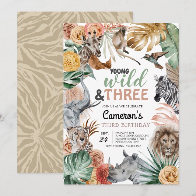 Invitación Salvaje y tres cumpleaños del Safari Animal Boho (Anverso / Reverso)