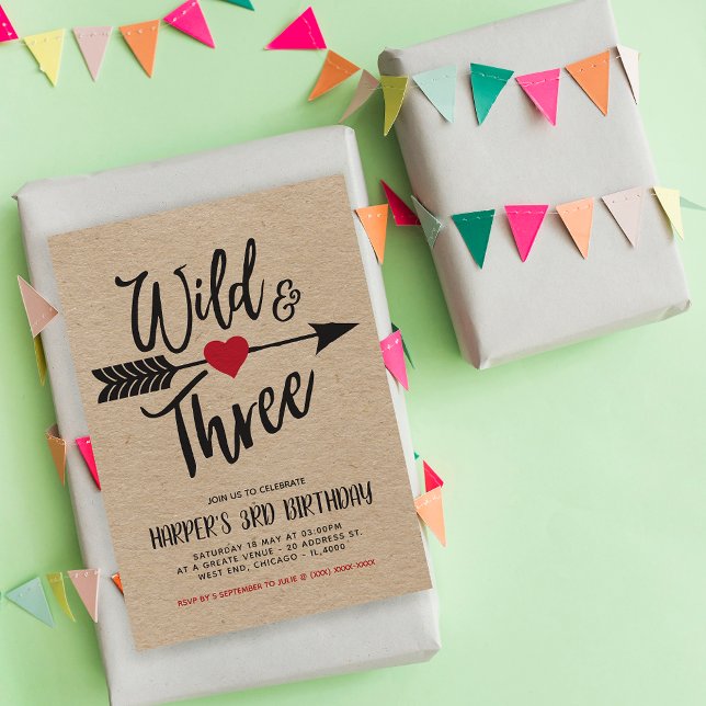 Invitación Salvaje y tres cumpleaños modernos de tercer año (With a Faux Kraft background and "Wild and Three," this design captures the essence of adventure.)