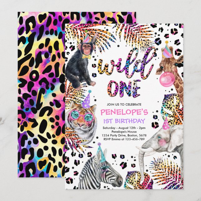 Invitación Salvajes Un Safari Animales Arcoiris Cheetah Cumpl (Anverso / Reverso)