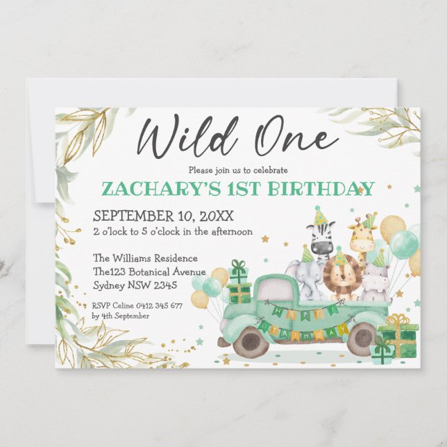 Invitación Salvajes uno animales Verdor Safari de oro Primer  (Anverso)