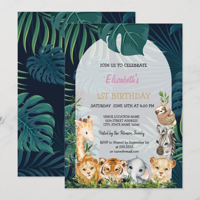 Invitación Salvajes uno de los animales Hojas de palma de sel (Anverso / Reverso)
