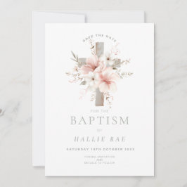 Invitación Salvar el bautismo de fecha, floral rosa elegante