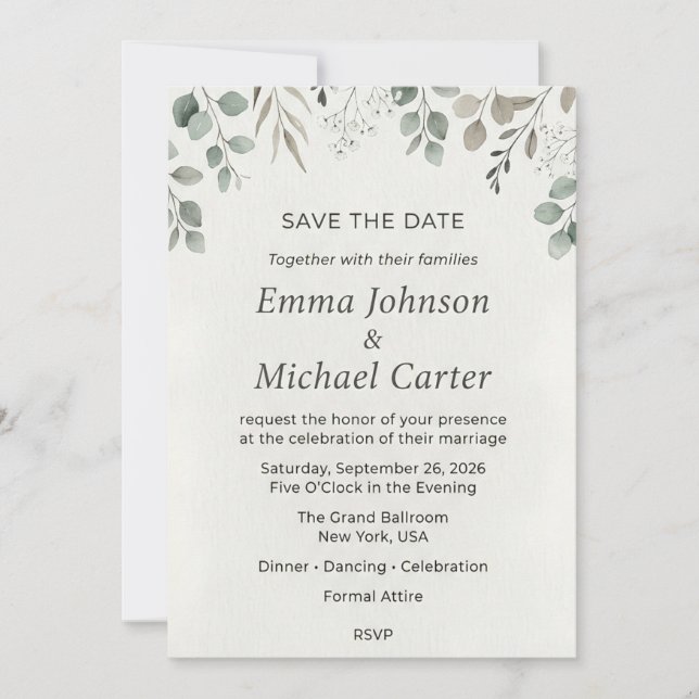 Invitación Salvar Eucalipto Verde & Aliento de Bebé (Anverso)