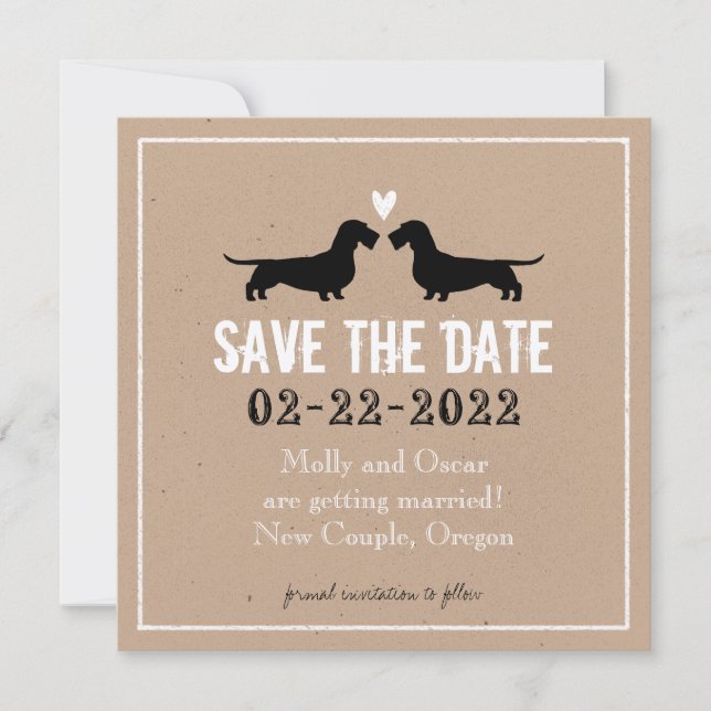 Invitación Salvar la Fecha de Boda de Dachshunds de Pelo Cabe (Anverso)