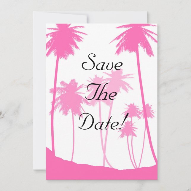 Invitación Salvar la fecha de boda tropical de palmeras rosa  (Anverso)