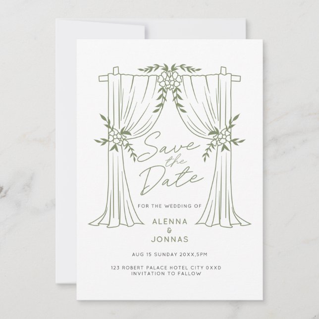 Invitación Salvar la Fecha de Romance Verde Salvia (Anverso)