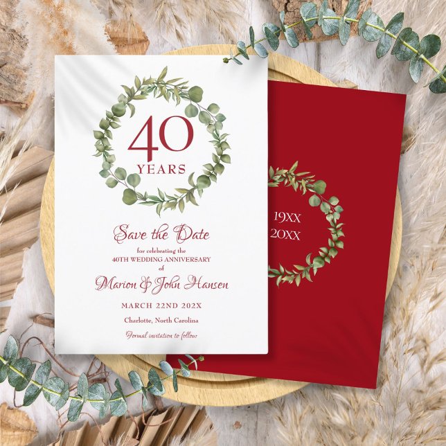 Invitación Salvar la fecha del 40º aniversario de boda con ve (Greenery 40th Wedding Anniversary Save the Date Invitation)