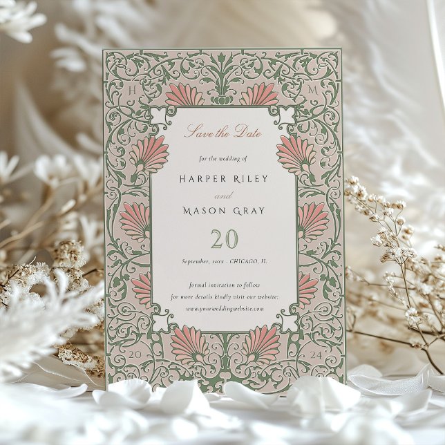 Invitación Salvar la fecha Patrimonio Verde y Coral Rococo (Subido por el creador)
