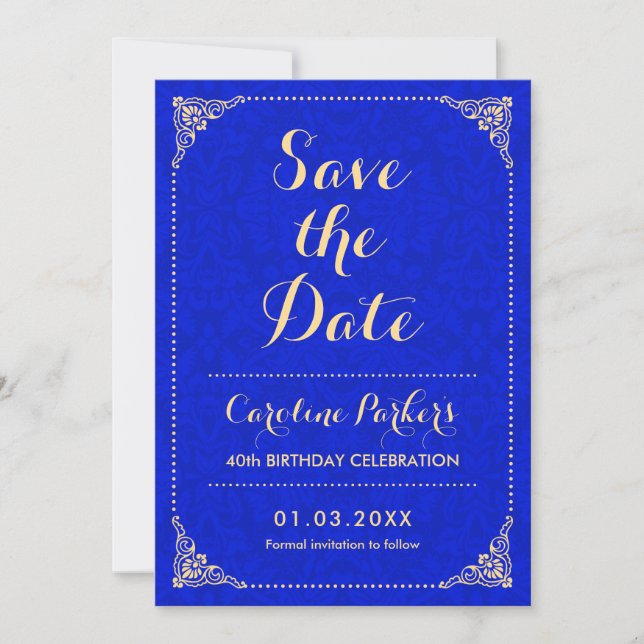 Invitación Salve El Cumpleaños De La Fecha - Damasco Azul Rea (Anverso)