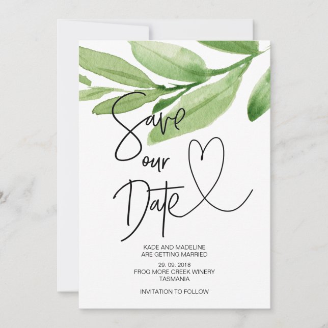 Invitación Salve Nuestra Fecha Bodas de Eucalipto Verde Tropi (Anverso)