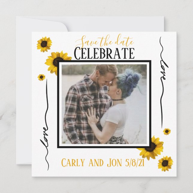 Invitación Salven la fecha Amor y girasoles dorados (Anverso)