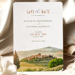 Invitación Salven la fecha de destino de la acuarela toscana<br><div class="desc">Boda toscana Salve la tarjeta de fecha, bellamente pintada en acuarelas. Esta impresionante invitación cuenta con un paisaje típico de la Toscana, con colinas onduladas, cipreses y una encantadora villa. Nuestra invitación es personalizable, por lo que puede editar el texto fácilmente para que se ajuste a los detalles de su...</div>