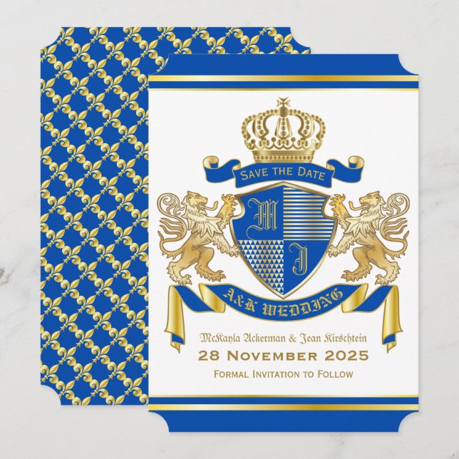 Invitación Salven la fecha escudo de armas azul emblema de le (Anverso / Reverso)