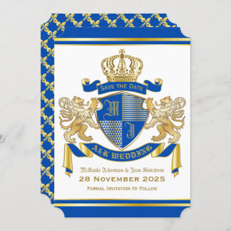 Invitación Salven la fecha escudo de armas azul emblema de le