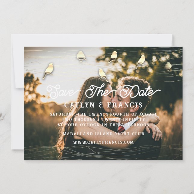 Invitación Salven La Fecha Faux Gold Grey Foto Pájaro De Caba (Anverso)
