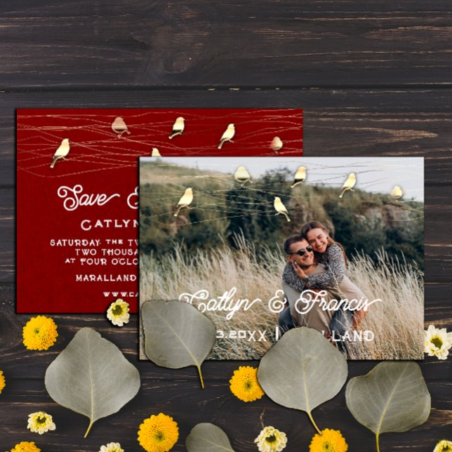 Invitación Salven La Fecha Foto País Aves Doradas Kraft (Save The Date Photo Country Golden Birds Kraft Invitation)