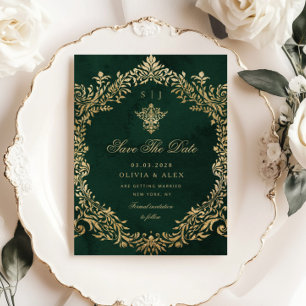 Invitación Salven La Fecha Vintage Royal Emerald Gold Boda