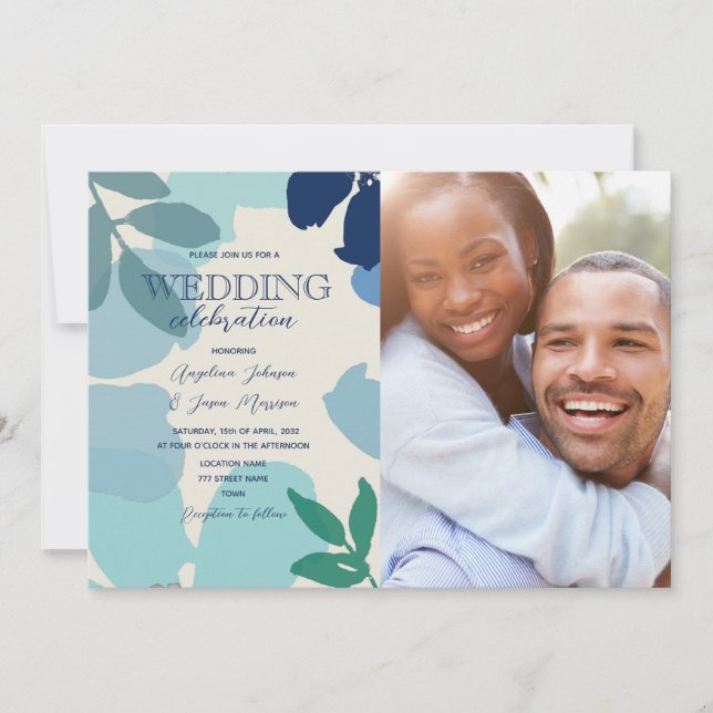 Invitación Salvia azul polvorienta boda boho fotográfica (Anverso)