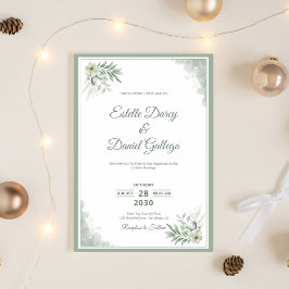 Invitación Salvia y Floral de Acuarela Blanca para Boda