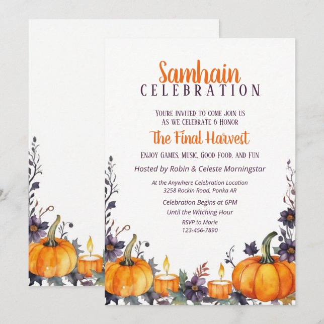 Invitación Samhain Fiesta Cae Calabazas Florales y Velas (Anverso / Reverso)