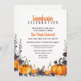 Invitación Samhain Fiesta Cae Calabazas Florales y Velas