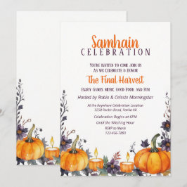 Invitación Samhain Fiesta Cae Calabazas Florales y Velas