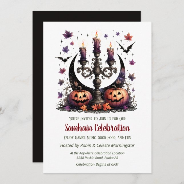 Invitación Samhain Moon Bats & Pumpkins Fall Halloween (Anverso / Reverso)