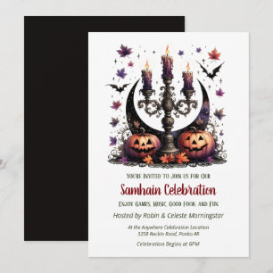 Invitación Samhain Moon Bats & Pumpkins Fall Halloween